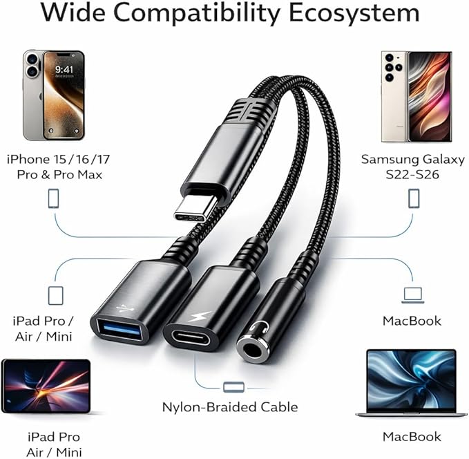 Mizi 3-in-1 USB C to Headphone Jack and Charger Adapter, 60W PD Fast Charging & USB A Hub, Compatible with iPhone 15/16/17 Pro/Max, Samsung Galaxy, iPad Pro, MacBook, Pixel - Black