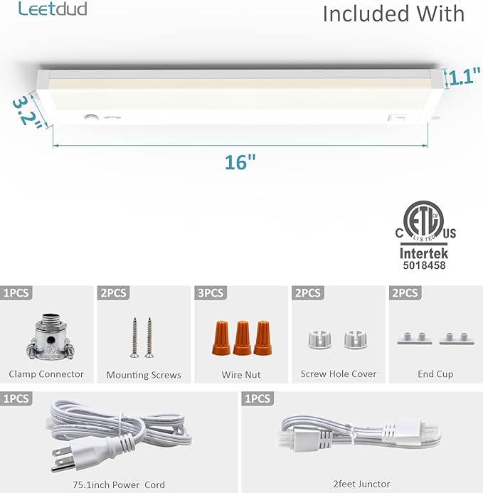 Leetdud Under Cabinet Lights Plug in or Hardwired Built-in Dimmer, 16 Inch 8W, 5CCT 2700K-5000K, Linkable Undercounter Lighting for Kitchen, ETL Dimmable LED Undercabient Light Fixture, White