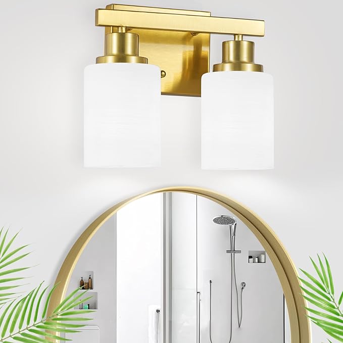 DIKAIDA Gold Bathroom Light Fixtures Over Mirror, 2-Light Modern Vanity Lights with White Glass Shade, Bathroom Wall Lamp Sconces for Mirror Bedroom, Living Room Hallway Small Space
