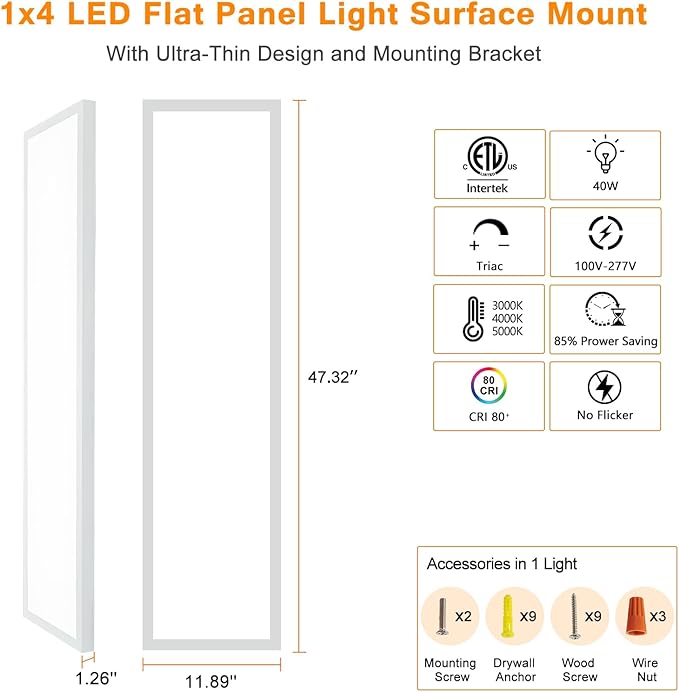Mcacggo 1x4 LED Flat Panel Light Surface Mount, 3000K-4000K-5000K Selectable & Triac Dimmable, 12x48 Inch Flush Mount Ceiling Light for Kitchen Garage, 40W, 100-277V, ETL, White, 2 Pack