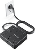 AOFO 10FT Surge Protector Power Strip,12 AC Outlets with 6 USB Ports (2 USB-C), Flat Plug Extension Cord with Multiple Outlets, Wall Mount for Home Office,Dorm,Black