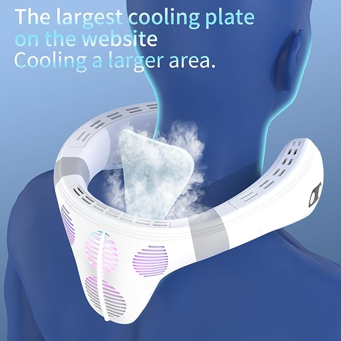 PluvoFan Neck Fan Back-Windy 6000mAh with Cooling Plate Cold Compress Bladeless Portable Thermo-Electric Cooler Rechargeable Holiday Essentials for Women Men Outdoor Camping Gardening Walking(White)