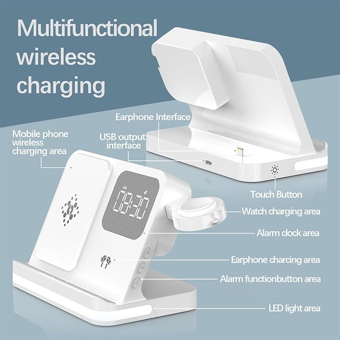 AYI 4in1 Multi Functional Wireless Charging Station with Digital Alarm Clock 15W Fast Charger Night Light Wireless Charger for All Qi Phone and Earbud Headphone Compliant with i-Watch-B22 White