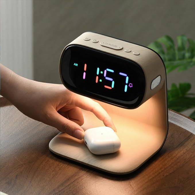 AYI 3in1 Multi-Functional Wireless Charging Alarm Clock Smart Night Light Qi Charger LED Digital Clock Adjustable Light 15W Fast Wireless Charging for All Qi Phone and TWS Headphone Pro Wood Color