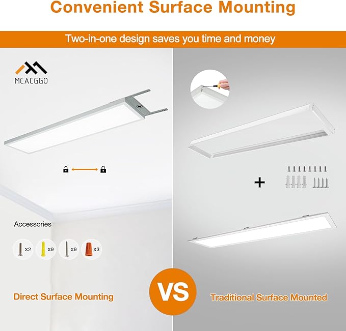 Mcacggo 1x4 LED Flat Panel Light Surface Mount, 3000K-4000K-5000K Selectable & Triac Dimmable, 12x48 Inch Flush Mount Ceiling Light for Kitchen Garage, 40W, 100-277V, ETL, White, 2 Pack