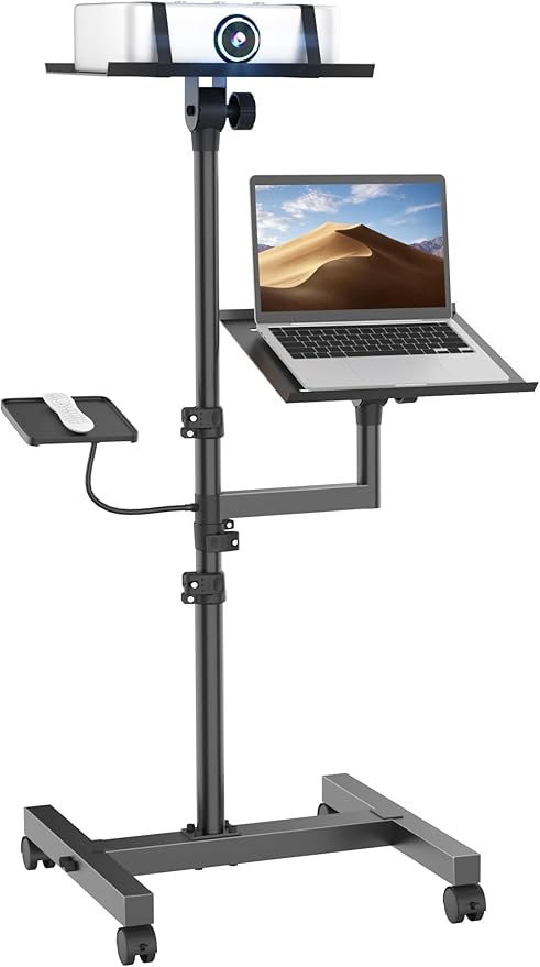 ORWOD Projector and Laptop Stand Tripod, 2 Shelves Mobile Laptop Tripod Stand, Max 47" Height Adjustable Laptop Cart on Wheels, Projector Floor Stand with Ventilated Tray for Podium, Meeting, Couch