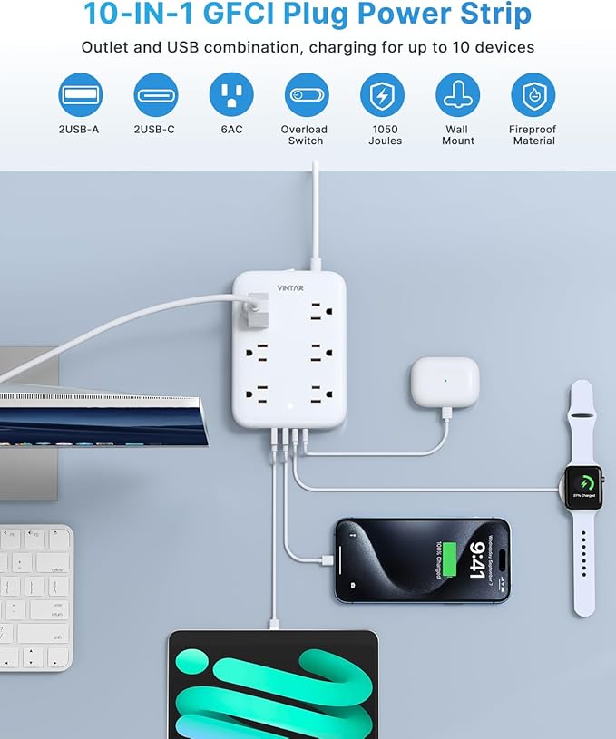 2 Prong GFCI Power Strip, VINTAR 2 Prong to 3 Prong GFCI Plug Adapter, 6ft Extension Cord with 6 Outlets & 4 USB(2 USB-C), 1050J Surge Protector, Polarized Plug Wall Mount for Non-Grounded Outlet
