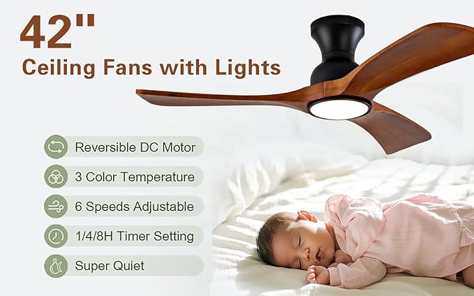 Gaizw 42 Inch Low Profile Ceiling Fans with Lights and Remote, Flush Mount Ceiling Fan with Lights, 3 Blades Solid Wood Walnut Hugger Easy Installation for Living Room, Bedroom, Farmhouse, Indoor
