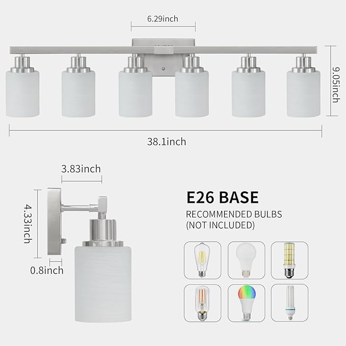 DIKAIDA 38" Bathroom Vanity Light, 6-Light Nickel Vanity Lights for Bathroom, Wall Sconce Lighting with Milky White Glass Shade, Wall Lights,Bath Vintage Wall Mounted Lamps for Mirror Bedroom