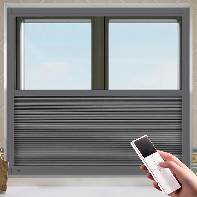 LEXEN Smart Bottom Up Honeycomb Shades - WiFi Enabled Motorized Cellular Blinds Compatible with Alexa/Google Home Easy Install Blackout Honeycomb Blinds with Aluminum Frame Customize Size-Grey