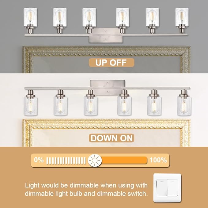 WINSHEN 6-Lights Bathroom Vanity Light Fixtures with Seeded Glass Lampshades, 45.3-Inches Length Modern Brushed Nickel Wall Light Fixture for Kitchen Bathroom Lighting