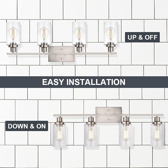 WINSHEN 4-Lights Modern Vanity Light Fixtures for Bathroom Over Mirror, Farmhouse 31-Inches Length Seeded Glass Bath Wall Sconce Lighting in Brushed Nickel