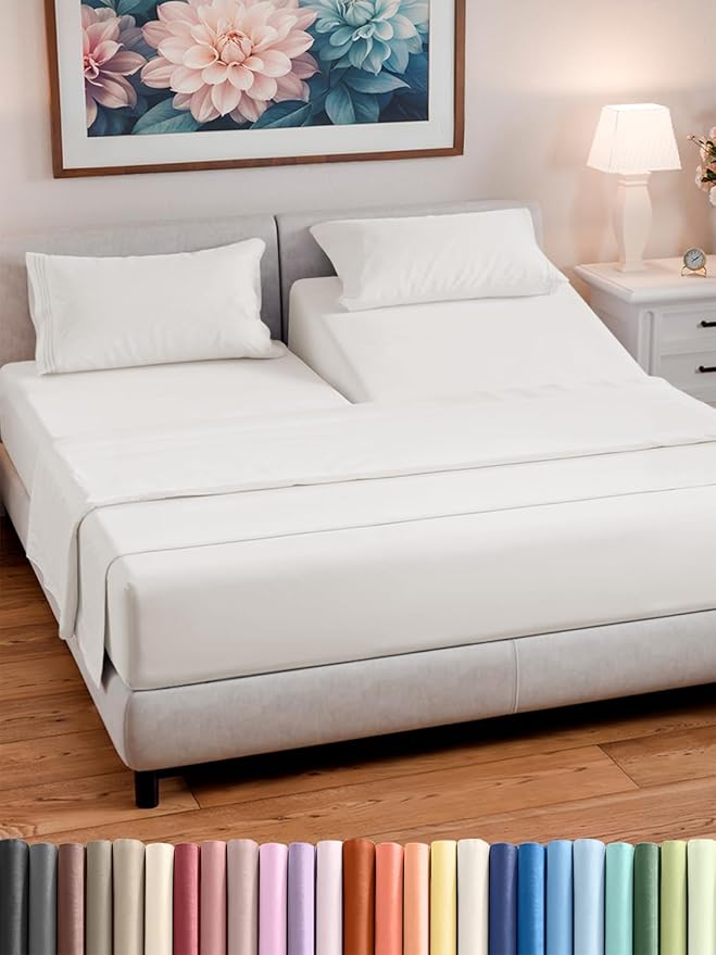 Split Head King Sheet Set – 4 Piece Flex Split Top King Sheets for Adjustable Beds - Fits 14” to 16" Mattress w/ Deep Pockets - Breathable & Cooling - Luxury Bedding and Wrinkle Free - Antique White