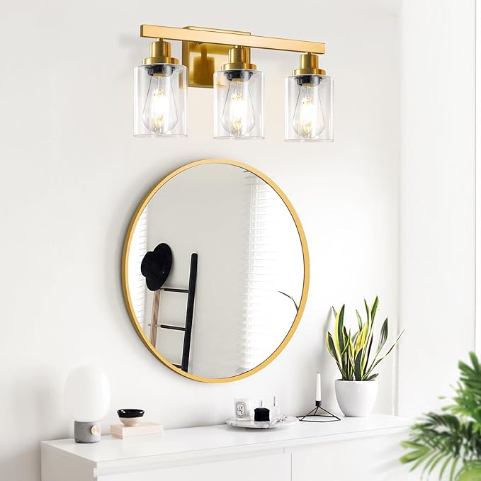 DIKAIDA 3 Light Gold Bathroom Light Fixtures, Bathroom Vanity Light Over Mirror, Gold Wall Sconce Vanity Lighting with Clear Glass Shade,Modern Farmhouse Bath Wall Lamp for Mirror Kitchen