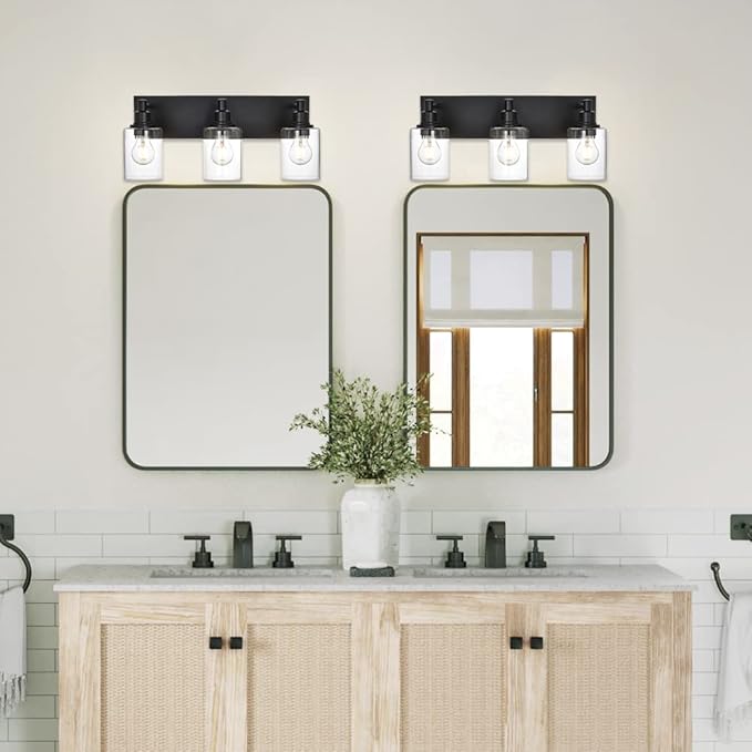 TODOLUZ Industrial Wall Sconce Lighting in Matte Black Finish, 3-Light Bathroom Vanity Light Fixtures with Clear Glass Shades (E26 Bulb Base)