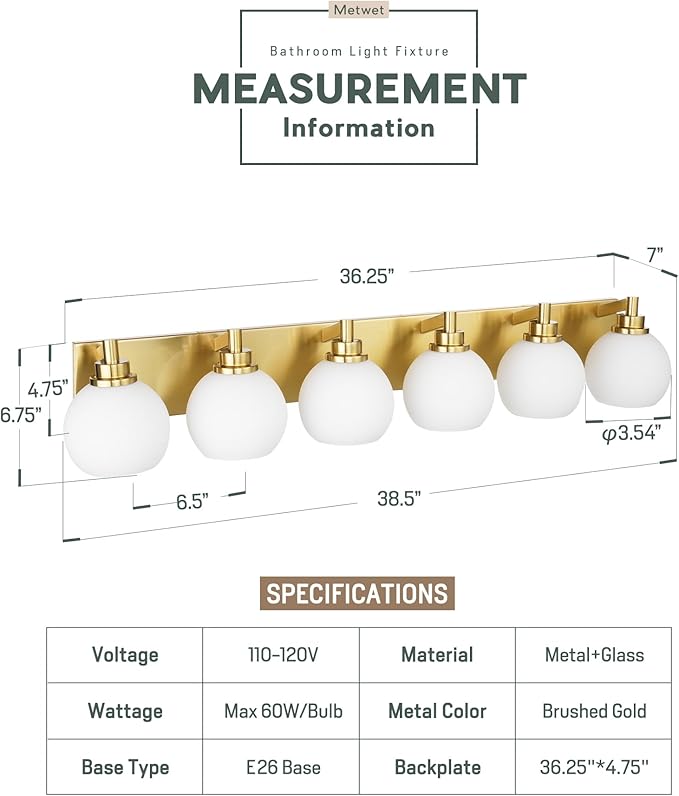 METWET Bathroom Light Fixtures, 6-Light Brushed Gold Bathroom Vanity Lights Over Mirror with Globe Milk White Glass Shade, 38 Inch Modern Vanity Lighting Fixtures, VL195-BG-ML-6