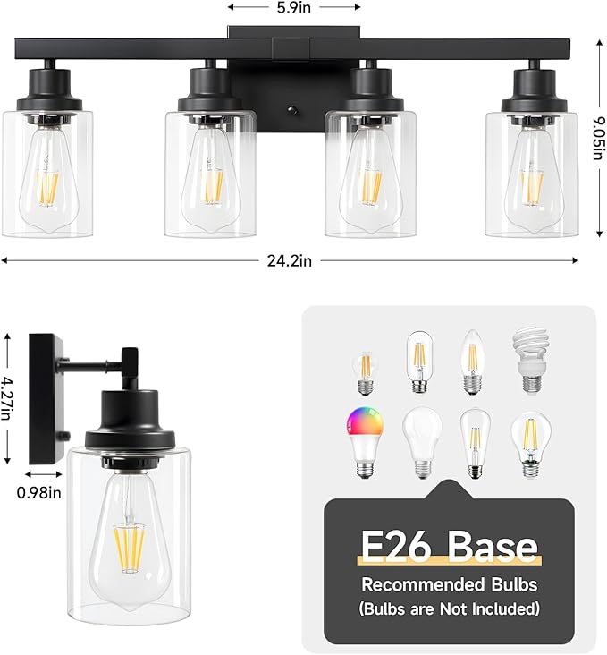 DIKAIDA Bathroom Vanity Light, 4-Light Modern Matte Black Wall Sconce Lighting with Clear Glass Shade, Bathroom Lighting Fixtures Over Mirror,Vintage Wall Mounted Lamps for Mirror Bedroom,Living Room