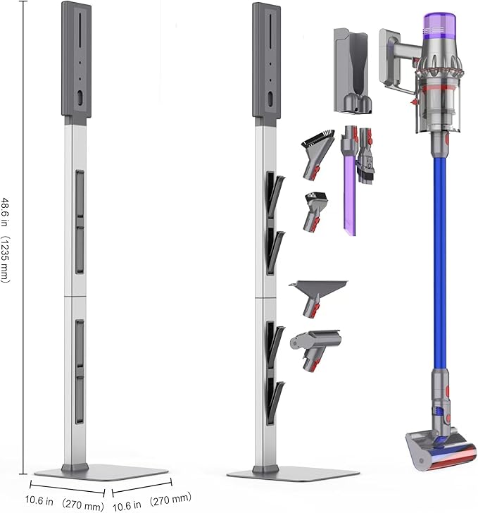 AIKOLZON Vacuum Stand for Dyson with Foldable Storage Hooks and Heavy-Duty Carbon Steel Base, No Drill Installation, Space-Saving Organizer for All Dyson Cordless Vacuums & Accessories