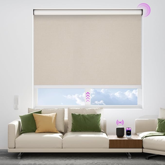 Astomi Motorized Blinds with Remote - Blackout Smart Roller Shades Compatible with Alexa & Goggle Home, Solar Rechargeable, Custom Size 22" - 100" for Indoor Window, Linen