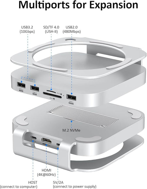 Akyyajaure Mac mini Hub: 10 in 1 Aluminum Stand & Dock for Mac mini M4 Pro with M.2 NVMe SSD Enclosure, 4K60hz HDMI, 10Gbps USB-A*2, SD/TF Card Readers, USB 2.0