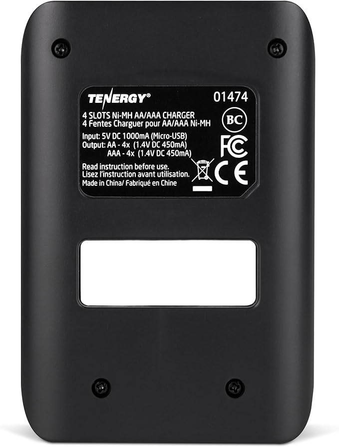 Tenergy TN474U 4-Bay NiMH/NiCD Battery Charger with LCD Display and USB Input, Portable Charger for AA/AAA NiMH and NiCD Batteries
