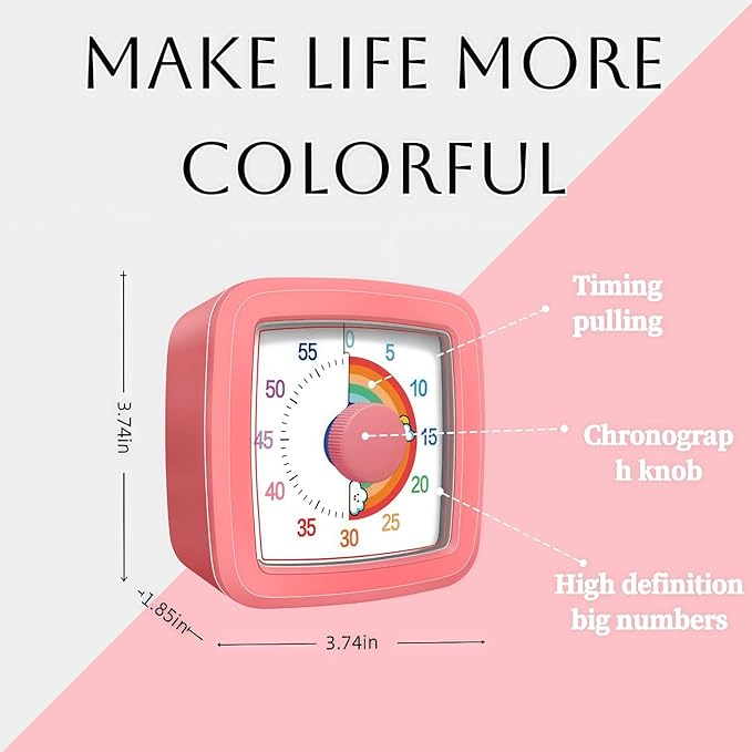 Visual Timer for Kids Adults, 60-Minute Countdown Timer for Classroom, Kitchen,Office, Pomodoro Timer Time Management Tools for Toddler ADHD(Pink)