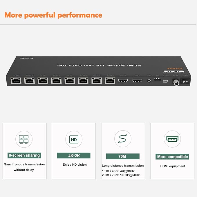 KEQINX 4K 1x8 HDMI Extender Splitter 70m/230ft HDMI Over Ethernet Splitter POC Satellite TV Splitters
