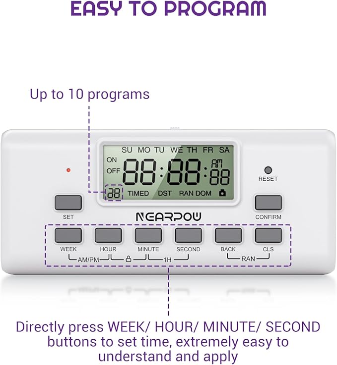 NEARPOW Digital Timer for Lamp with Dual Outlets, Programmable Timer in Door, Outlet Timers for Lights,10 On/Off Programs, 24-Hour and 7-Day Programmable Electric Plug Timers,3 Prong, 15A/1875W