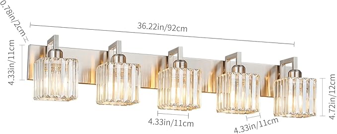 FDPBY Modern Bathroom Vanity Light 5-Lights Brushed Nickel Vanity Light Crystal Wall Light Bathroom Light Fixtures