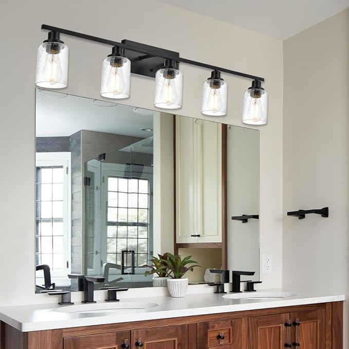 WINSHEN 40 Inches Length Black Bathroom Lighting Fixtures, 5-Light Modern Industrial Wall Sconce Vanity Light Fixture with Seeded Glass for Bedroom Over Mirror
