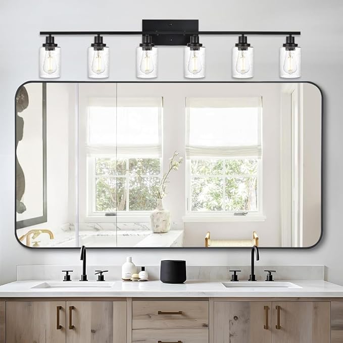 WINSHEN 6-Light Seeded Glass Vanity Light Fixtures in Matte Black Finish, 45.3 Inches Length Modern Bathroom Wall Lighting Over Mirror Wall Mount Lights