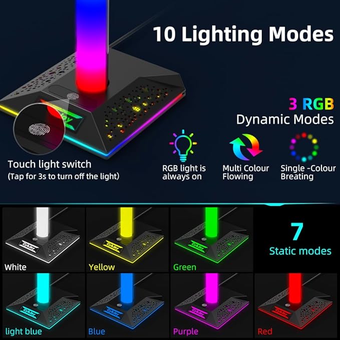 CybJoy Gaming Headphone Stand PC Accessories - RGB Headset Stand with 2 USB and 1 Type-C Ports, LED Headphone Stand Gift for Boys Men, Computer Game Accessories for Desk