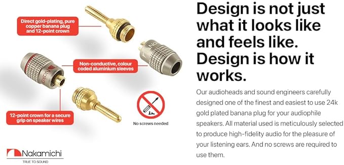 Nakamichi FanLock Excel Series 24k Gold Plated Banana Plugs 10 AWG - 18 AWG Gauge Size 4mm for Speakers Amplifier Hi-Fi Stereo Home Theatre Radio Audio Wire Cable Quick Connector, 24 Pcs (12-Pairs)