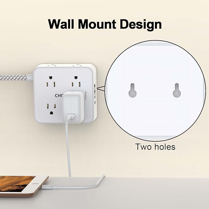 Surge Protector Power Strip - CHCORE 6Ft Braided Extension Cord with 8 Outlets with 4 USB (2 USB C) Charging Ports, Flat Plug Multi Plug Outlet Extender Charging Station for Home Office, ETL, White
