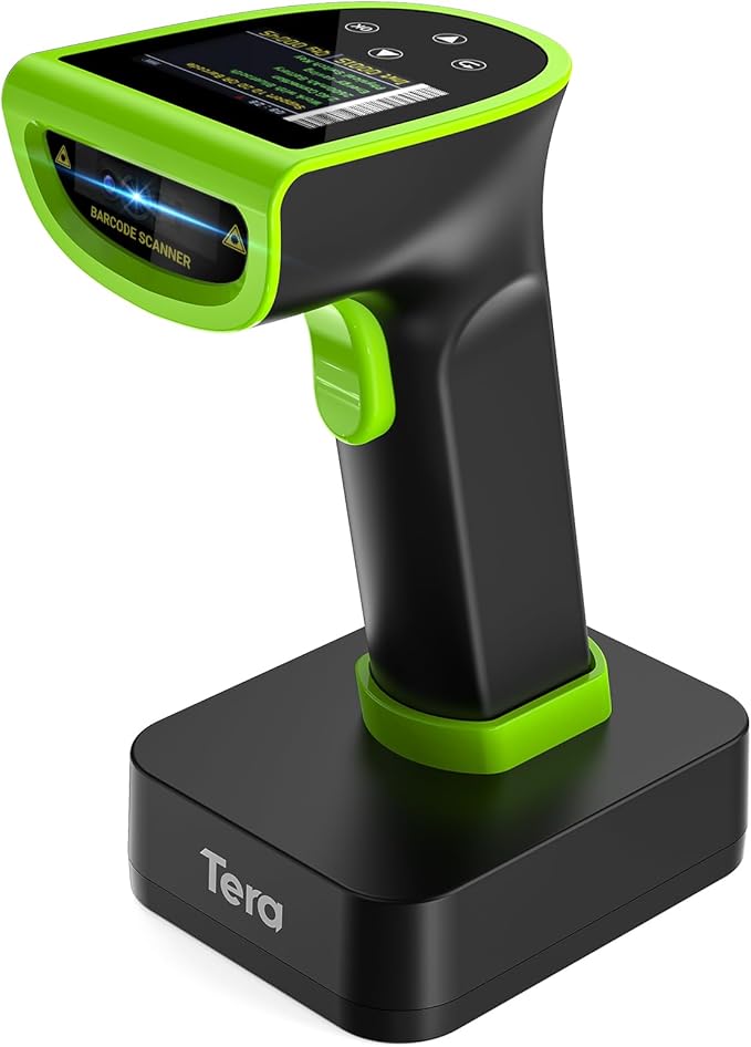 Tera Barcode Scanner Wireless with Screen: Pro Version 1D 2D QR with Digital Setting Keypad Power Switch Charging Cradle Works with Bluetooth 2.4G Wireless Bar Code Reader HW0015 Green