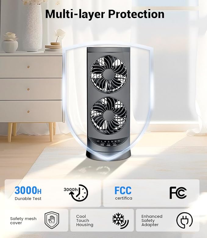 Personal Tower Fan for Bedroom, Portable Desk Table Fan，3 Speeds Cooling Standing Fan with 12H Timer, 60° & 110° Oscillating Floor Tower Fans That Blows Cold Air for Bedroom Office,Dark Grey