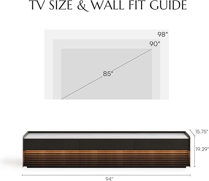 POVISON Fully-Assembled Mid Century Glossy Sintered Stone TV Stand, 94.49" Wood Media Console with Adjustable LED Light, Entertainment Center with Storage for Living Room