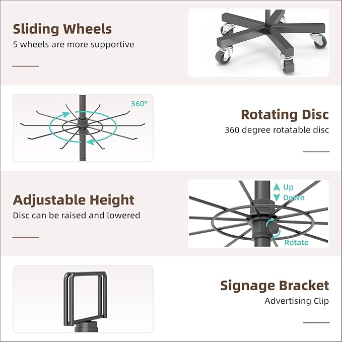 YEOOE Upgraded Retail Display Stand 7 Tier Spinning Display Stand, Movable Shop Spinner Rack with Hooks, Retail Display Racks for Jewelry Keyring Hats Socks Toys (Black)