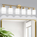 Guliaofo 6-Light Vanity Lights, Brushed Gold Bathroom Light Fixture with Striped Textured Milky White Glass Shade, E26 Wall Sconce, Modern Vanity Lighting Fixture for Bathroom Wall Light Over Mirror