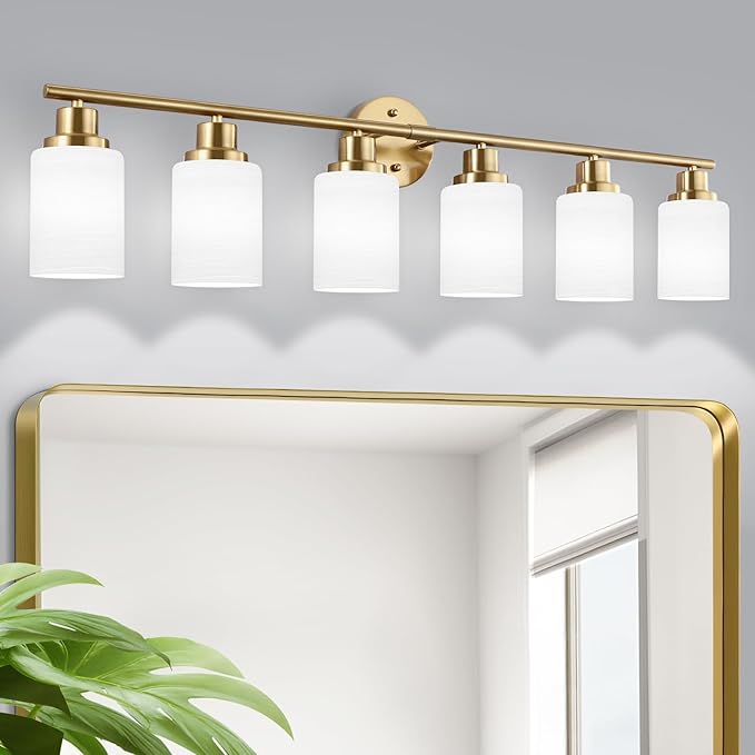 Guliaofo 6-Light Vanity Lights, Brushed Gold Bathroom Light Fixture with Striped Textured Milky White Glass Shade, E26 Wall Sconce, Modern Vanity Lighting Fixture for Bathroom Wall Light Over Mirror