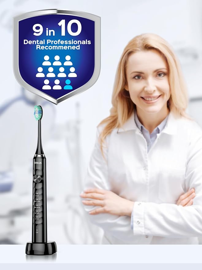 COSLUS Sonic Electric Toothbrush for Adults: 47000 VPM for Deep Cleaning & Whitening with Travel Case - 5 Modes for Sensitive Teeth & Braces, Wireless Charging, 6 Brush Heads, Black & Pink (2PCS)