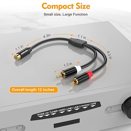 HOSONGIN 1ft RCA Splitter 1 Female to 2 Male Y Adapter 2 Pack, Short RCA Audio Speaker Splitter Cable, Double Shielding Black Nylon Braided Cable - Gold-Plated Plug - Length 12 Inch