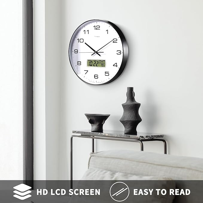 TIMESS Wall Clock, 12" Dial Non-Ticking Silent Battery Operated Analog with LCD Display for Perpetual Calendar and F° Temperature, Ideal Modern Home, Bedroom, Kitchen, Office Decor (Black)
