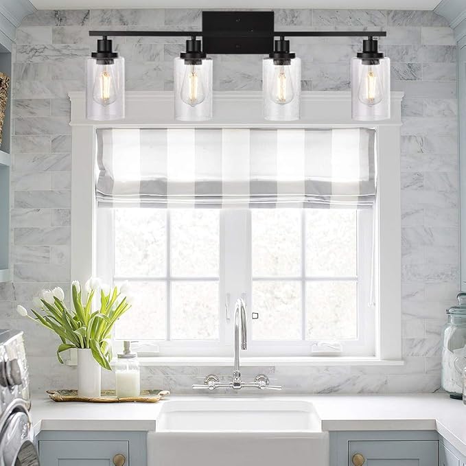 WINSHEN Black 4-Light Bathroom Light Fixtures with Seeded Glass Shade, 31-Inches Length Farmhouse Vanity Lights Over Mirror for Cabinet Kitchen Bedroom