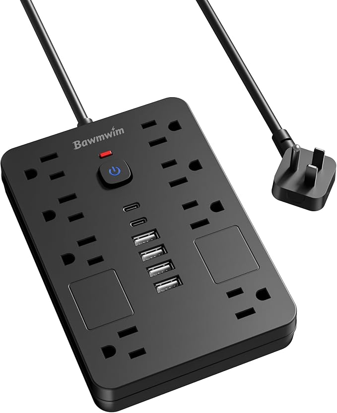 Bawmwim Surge Protector Power Strip - 8 Outlets(1850W/15A) with 6 USB Ports（2 USB C, 10FT Flat Plug Extension Cord, Wall Mount Multi Plug Outlet Extender, ETL Listed for Home, Dorm Room, Black