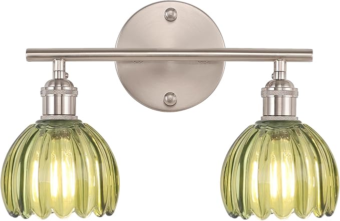 Shenmoyl Bathroom Light Fixtures, 2-Light Vanity Wall Light Over Mirror with Green Tulip Glass Shade for Bedroom Living Room (Bulb Not Included), Satin Nickel