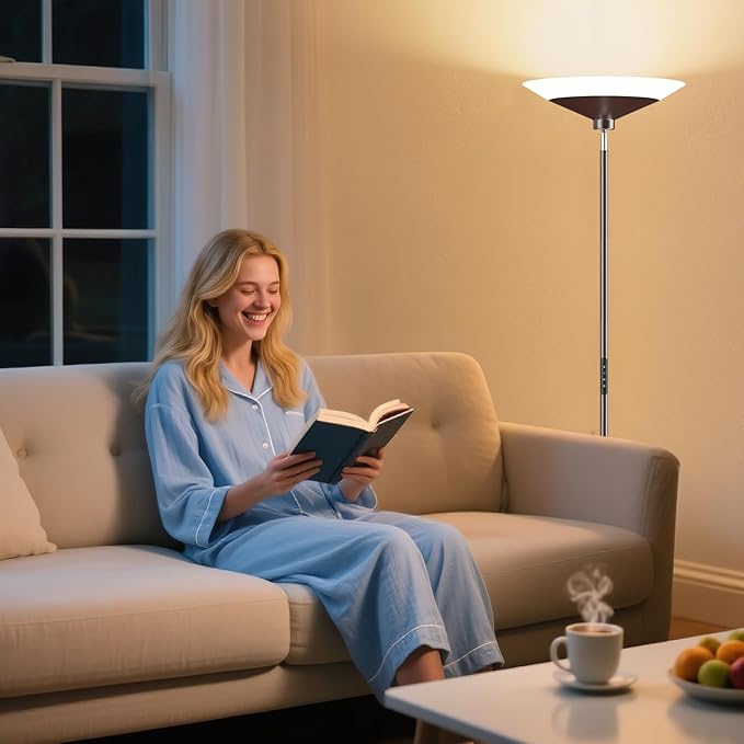 SIBRILLE Brown Torchiere Floor Lamp - 30W Dimmable LED Standing Lamp with Remote, 4 Color Temps, Stepless Dimming, 3000-6500K, 1800LM, 72in Tall Floor Light for Office Bedroom Living Room Corner