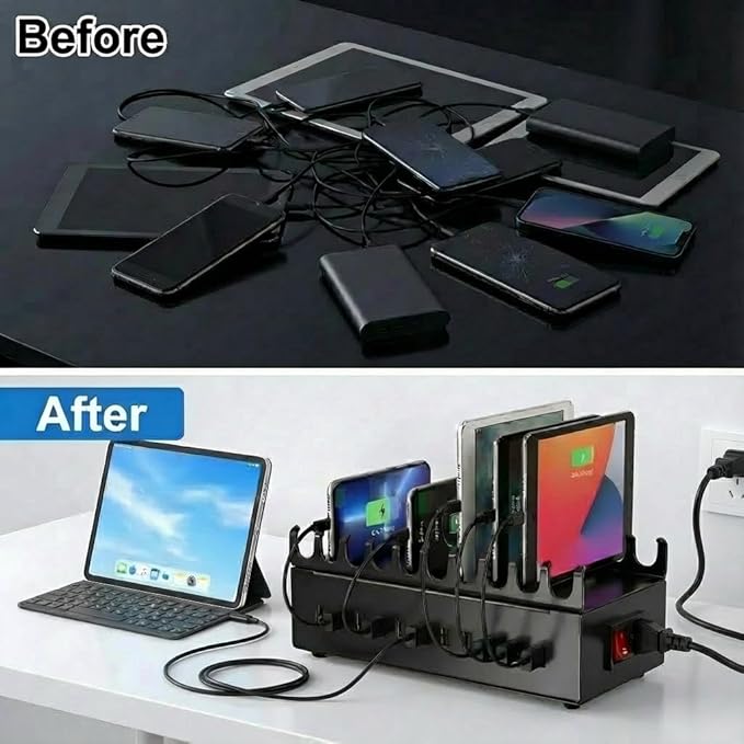 300W Charging Station for Multiple Devices, 22-Port Charger Stations for iPad, Laptops, iPhone, Android Cell Phone, Tablet, Organizer Charging Dock Ideal for Home Office Commercial Use