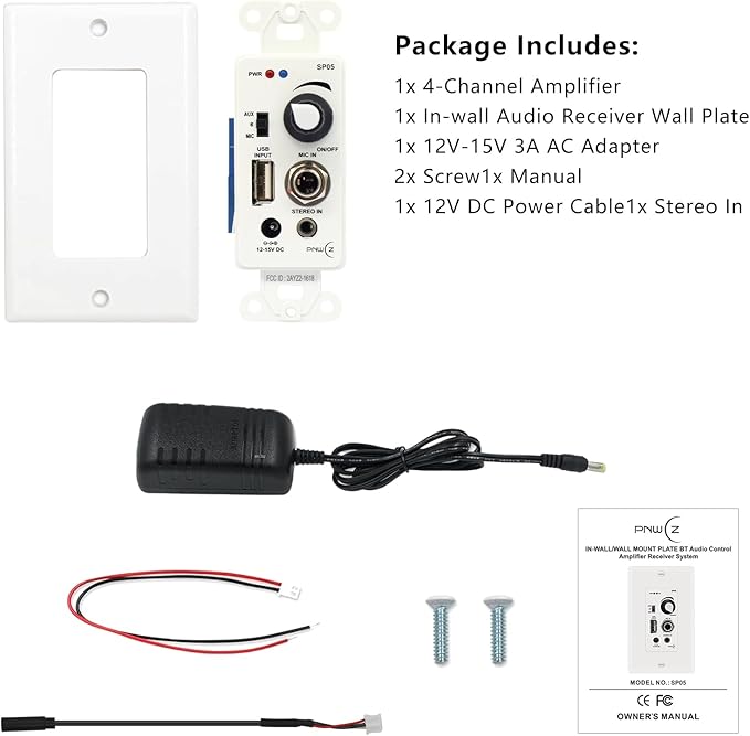PNWCZ Wall Amplifier Compatible with Bluetooth 4 Channels Volume Control Wall Plate with USB/MIC/AUX(3.5mm) Inputs Terminal Block Connect 4 Speakers