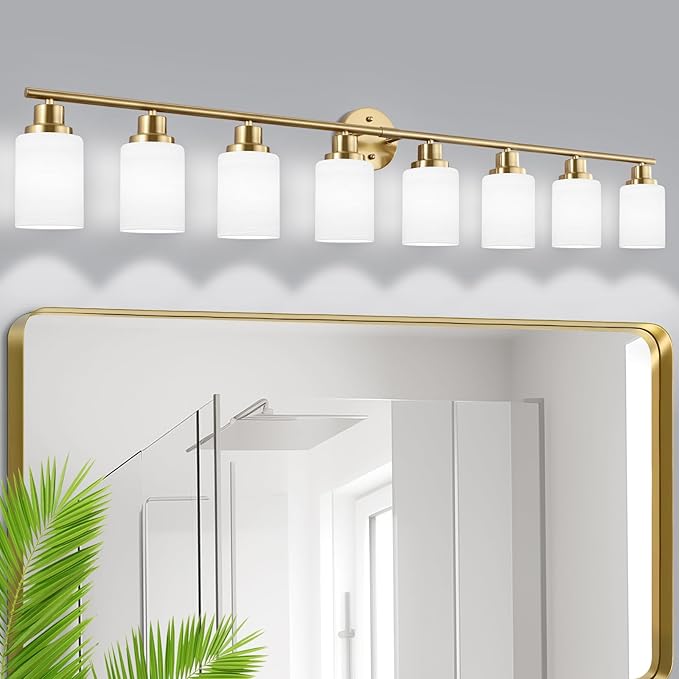 Guliaofo 8-Light Vanity Lights, Brushed Gold Bathroom Light Fixture with Striped Textured Milky White Glass Shade, Modern Vanity Lighting Fixture for Bathroom Wall Light Over Mirror, E26 Wall Sconce
